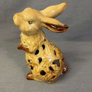 Bunny Rabbit Tea Light Candle Holder Cut Outs Floral Pattern Standing Ceramic